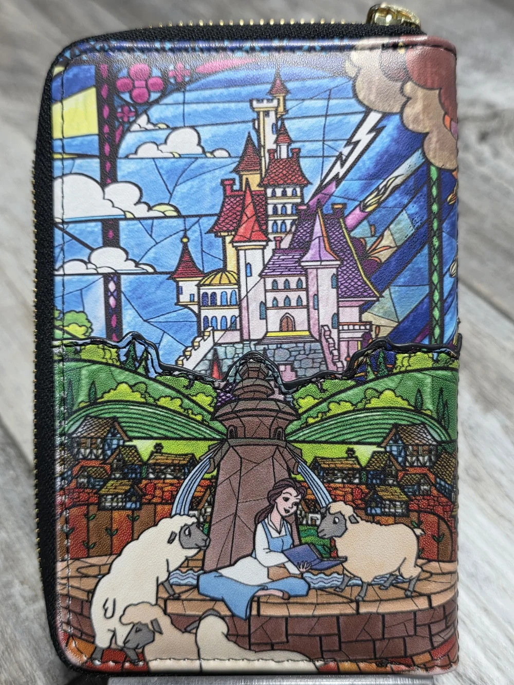 Loungefly Disney Belle & Beast Stained Glass 5 Slot Mini Zip Around Wallet